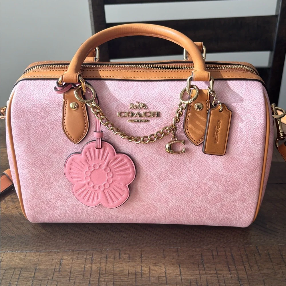 Coach Powder Pink and Brown Signature Satchel Medium Rowan and Snap Wallet NWT - Picture 2 of 9
